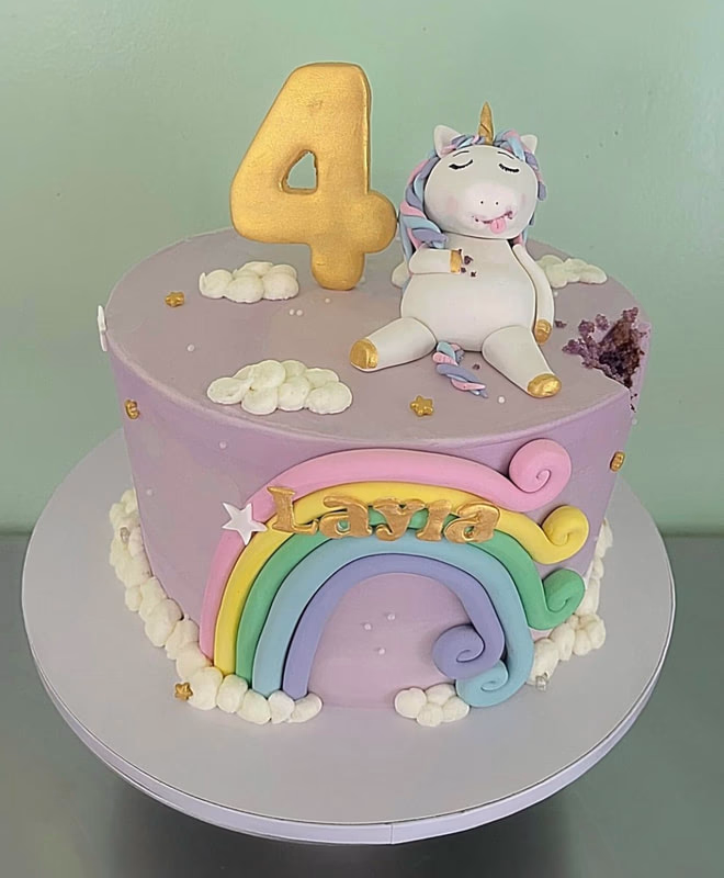 A magical unicorn-themed birthday cake, often featuring pastel colors, a horn, and flowing mane details.
